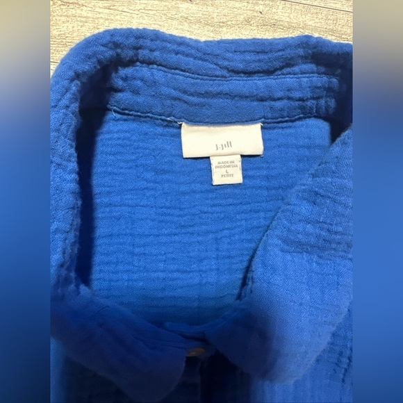 J Jill Blue Gauze Shirt Dress Style Midi 3/4 Roll Tab Sleeve Cotton Sz L Petite - Picture 11 of 12